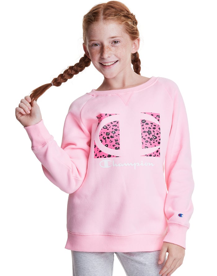 Sudadera Con Capucha Champion Niña - Fleece Raglan Crew Leopard Knockout Logo ( Rosas ) 1857342-LI